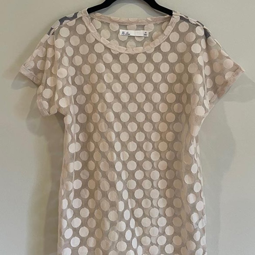 Hi Line (Madewell) mesh cream colored polka dot tee.